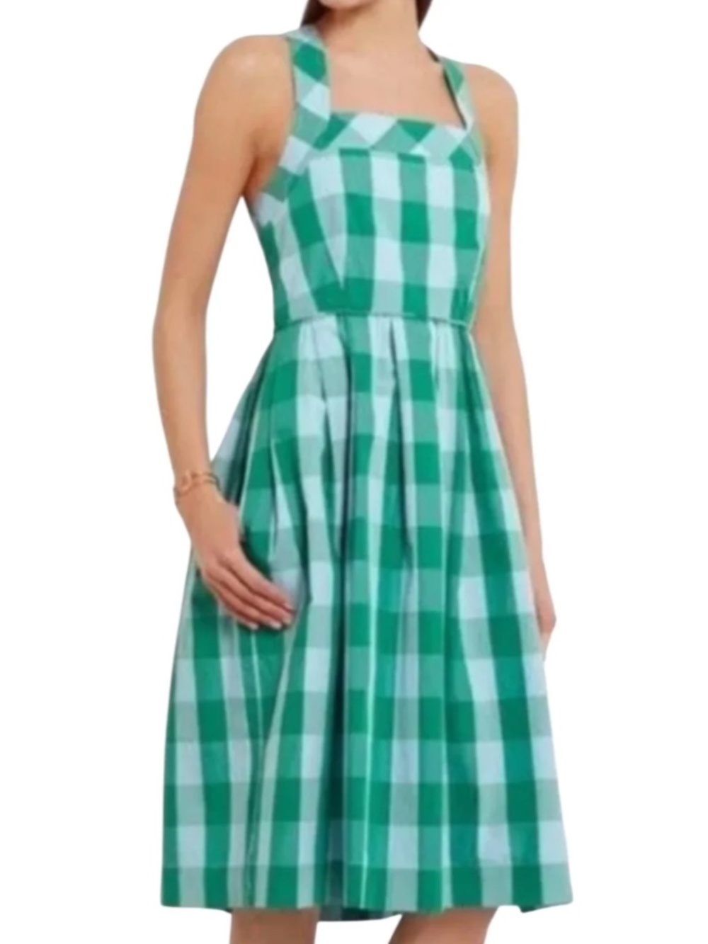 J. Crew Green and White Gingham Square-Neck Midi Dress